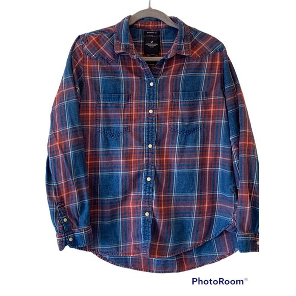 American Eagle Outfitters Women's Red & Blue Plaid Print Button-Down Shirt Size - Picture 1 of 4